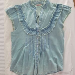 Faherty Denim Sleeveless Cap Sleeve Button Pleated Top - S